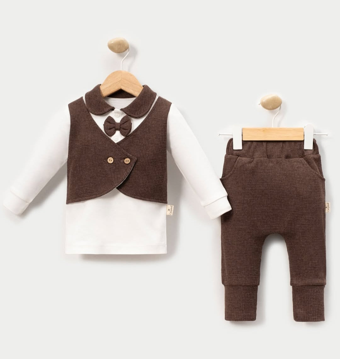 Waffle Erkek Yelekli 2'li Takım Kahverengi