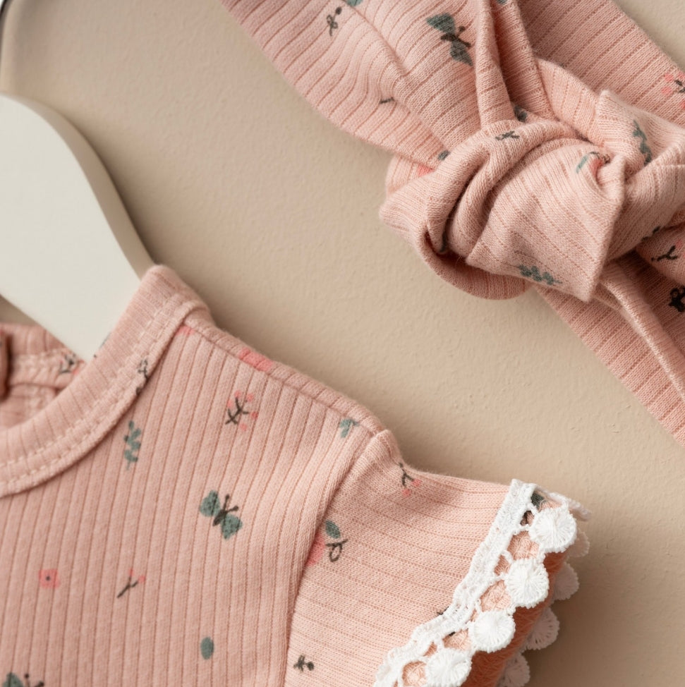 Kız Bebek Yazlık Romper Bandanalı Çıtçıtlı Tulum Set Somon