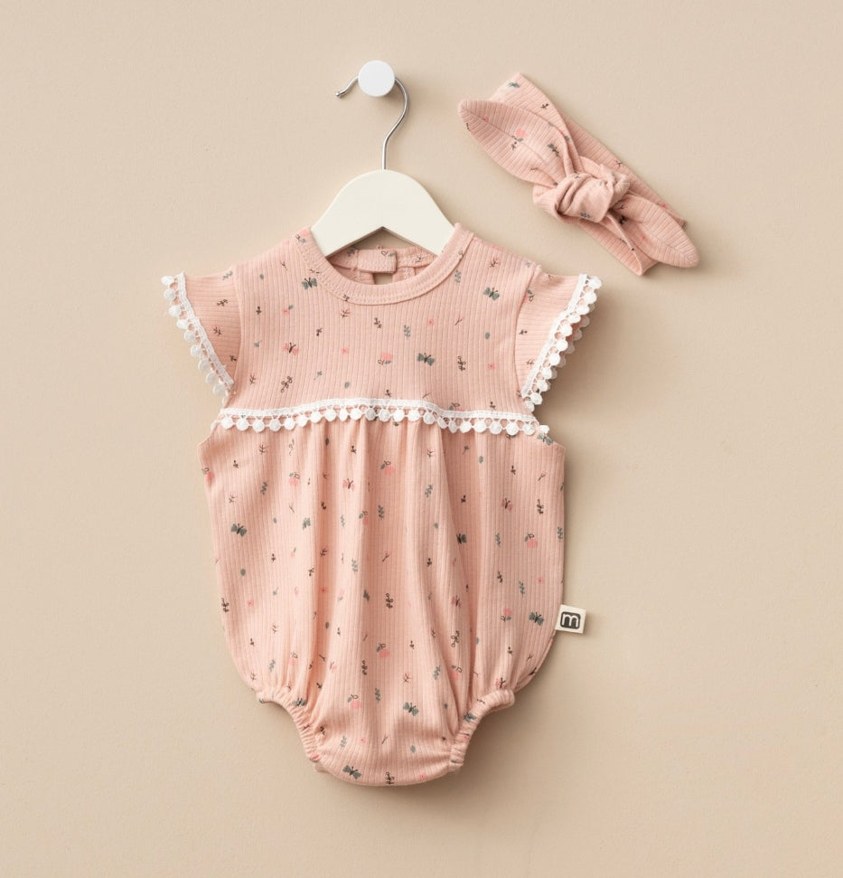 Kız Bebek Yazlık Romper Bandanalı Çıtçıtlı Tulum Set Somon