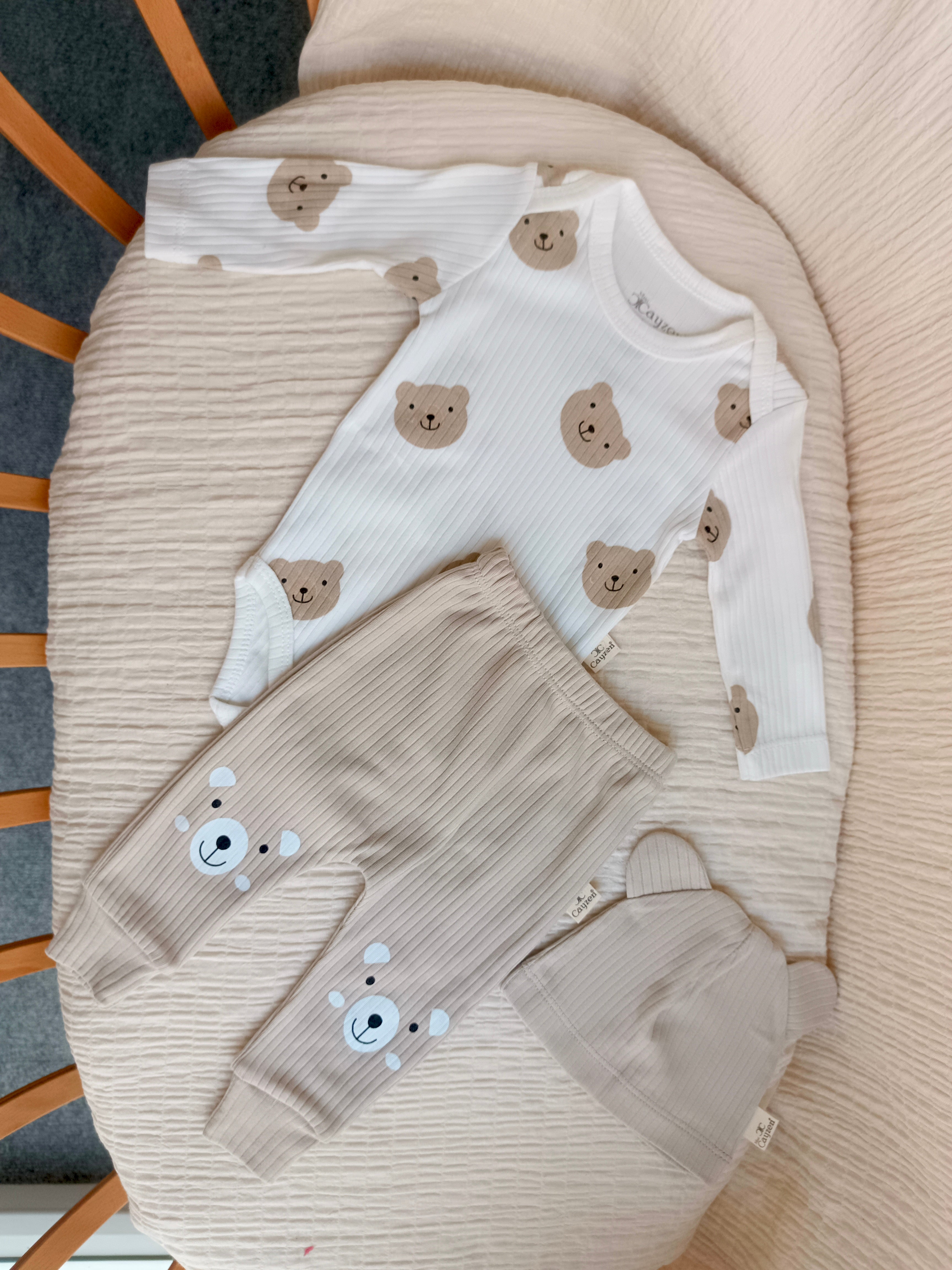 Ayıcık Desenli Bebek 3'lü Takım Bej