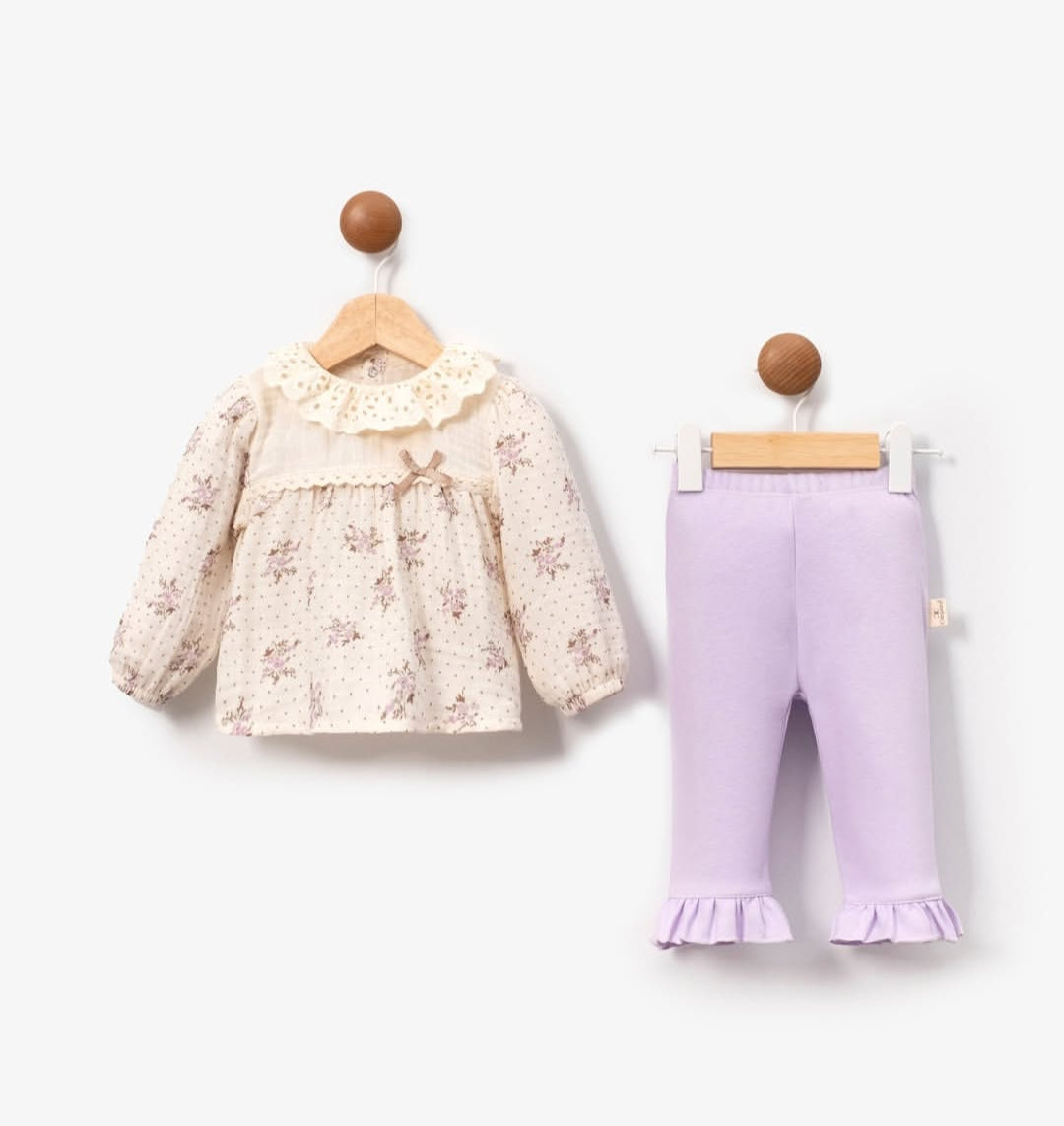 Çiçek Baskılı Müslin 2'li Takım Lila