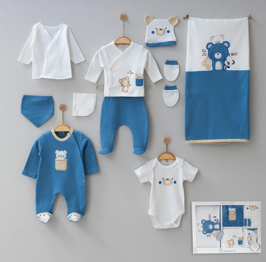 Waffle Ayıcık Erkek Bebek Premium 10'lu Hastane Yenidoğan Seti Mavi