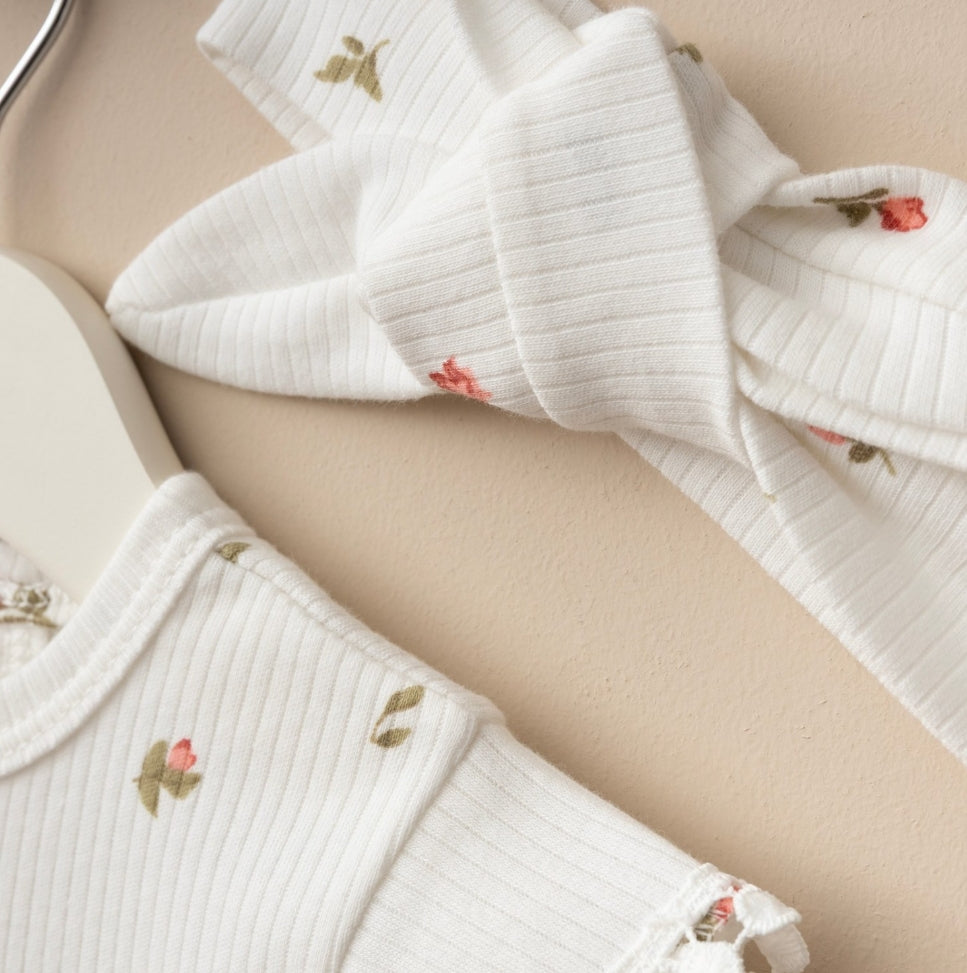 Kız Bebek Yazlık Romper Bandanalı Çıtçıtlı Tulum Set Ekru