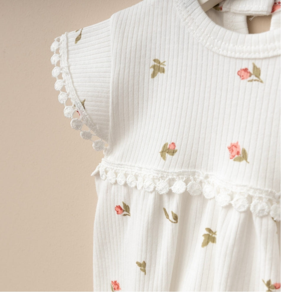 Kız Bebek Yazlık Romper Bandanalı Çıtçıtlı Tulum Set Ekru