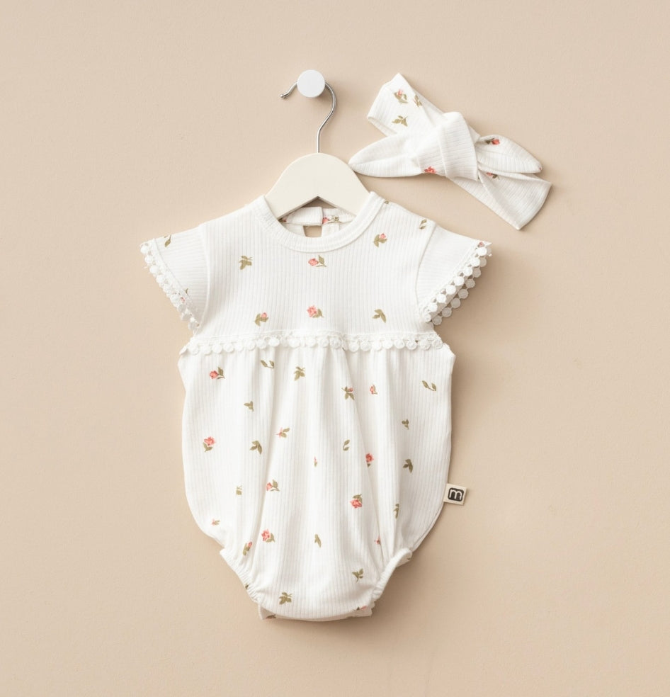Kız Bebek Yazlık Romper Bandanalı Çıtçıtlı Tulum Set Ekru