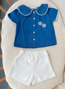 Çiçek Detaylı Kot Gömlek Şort 2'li Takım
